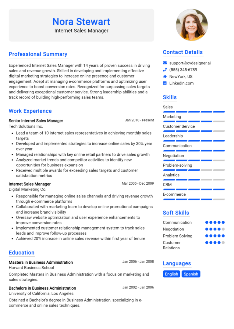 Internet Sales Manager Resume Example for 2025: Free Samples