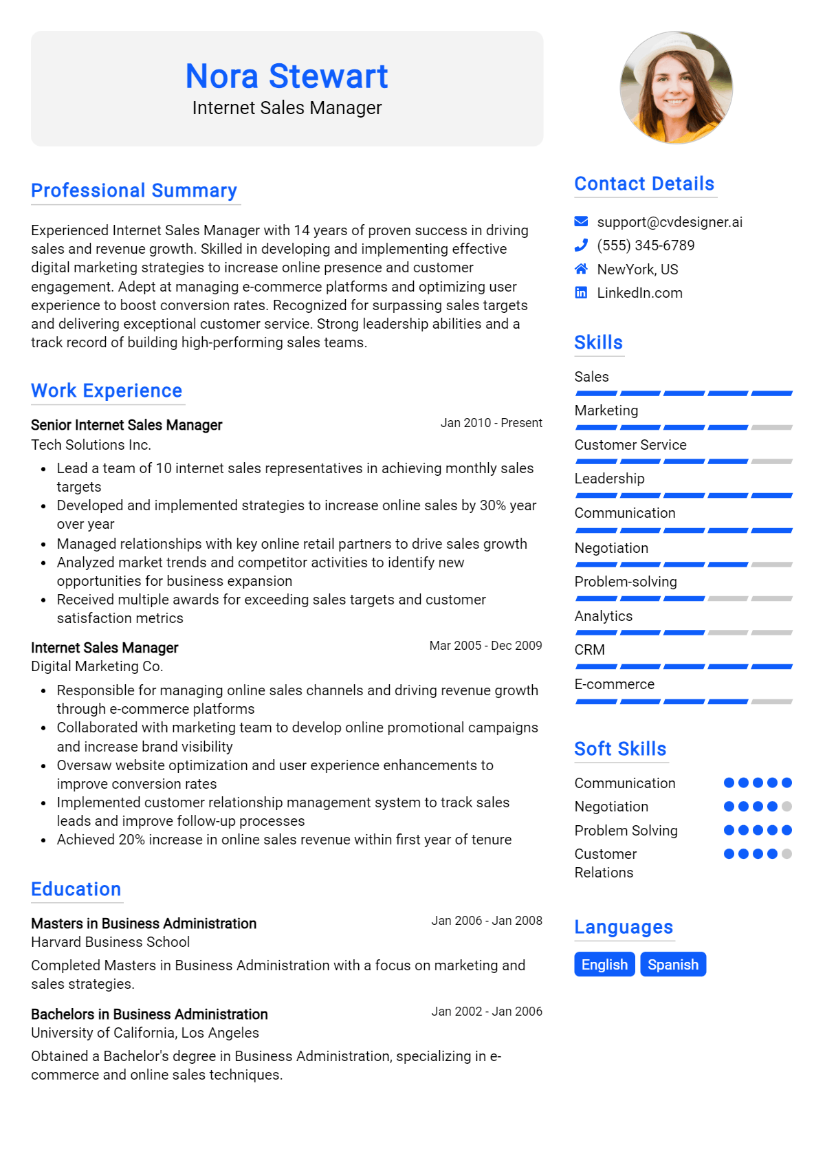 Internet Sales Manager Resume Example