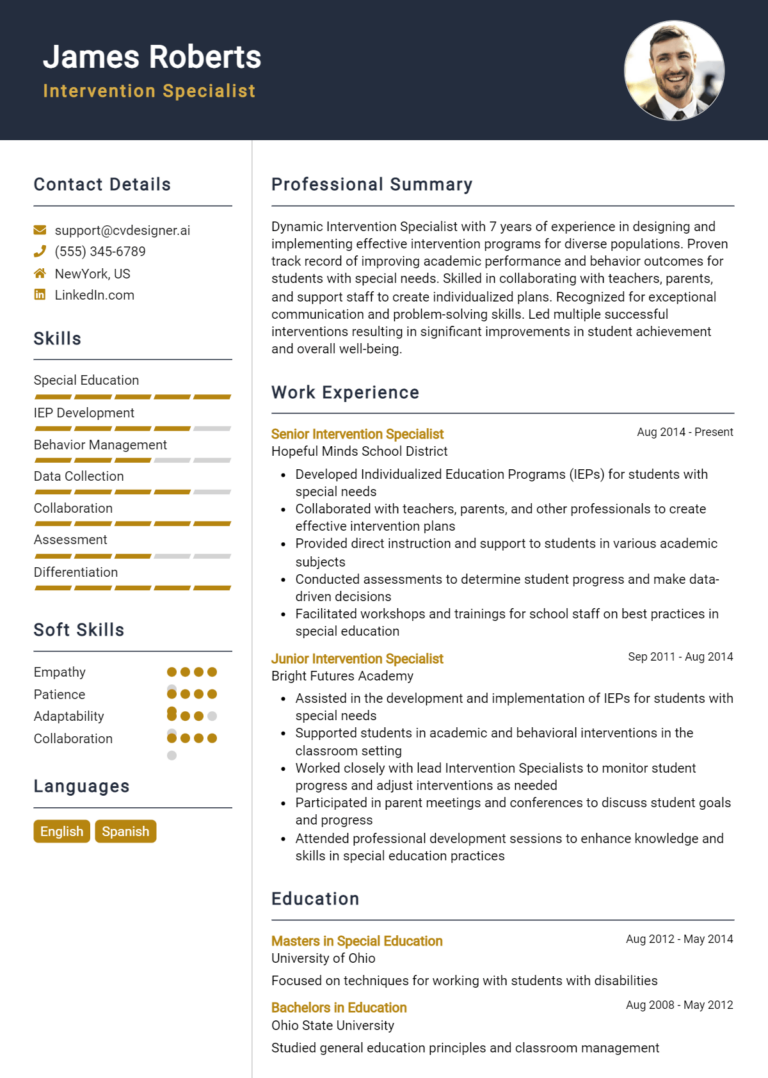 Intervention Specialist Resume Example for 2025: Top CV Skills