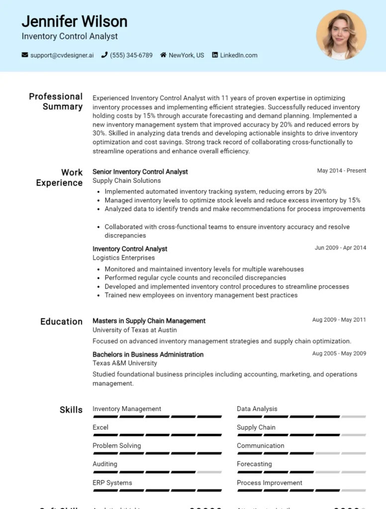 Inventory Control Analyst CV Example