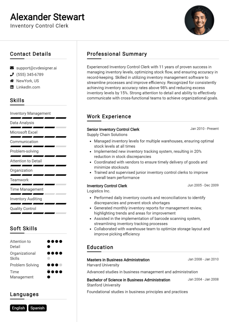 Inventory Control Clerk Resume Example for 2025: Tips to Stand Out