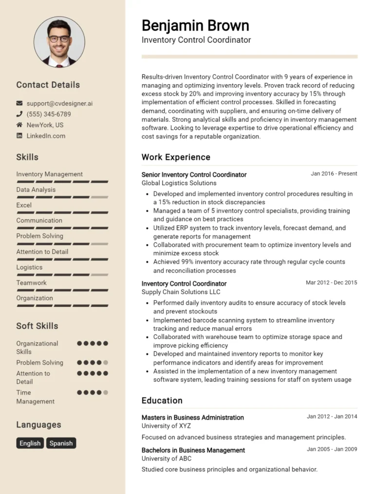 Inventory Control Coordinator CV Example For 2025: Proven Tips & Templates