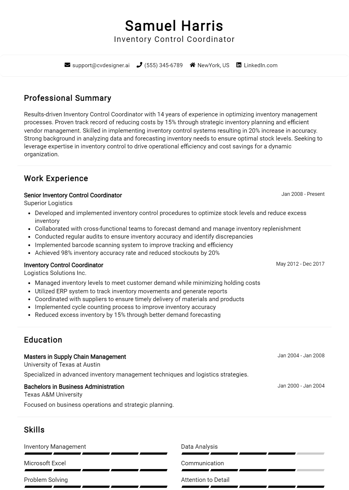 Inventory Control Coordinator Resume Example