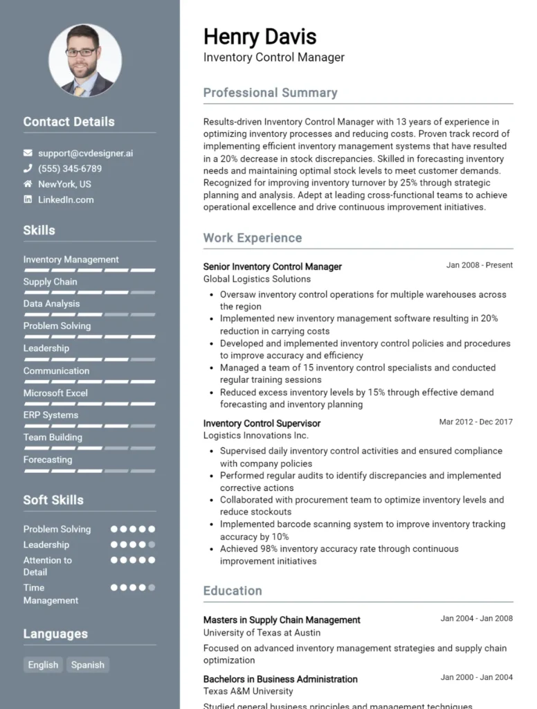 Inventory Control Manager CV Example