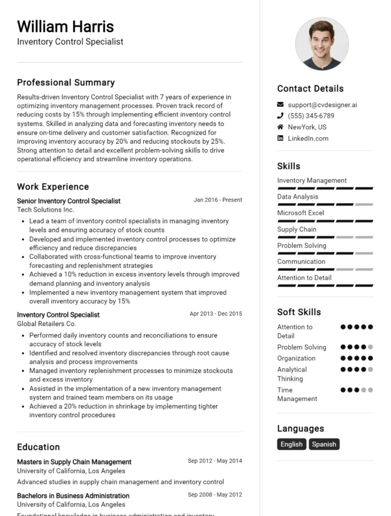 Inventory Control Specialist CV Example