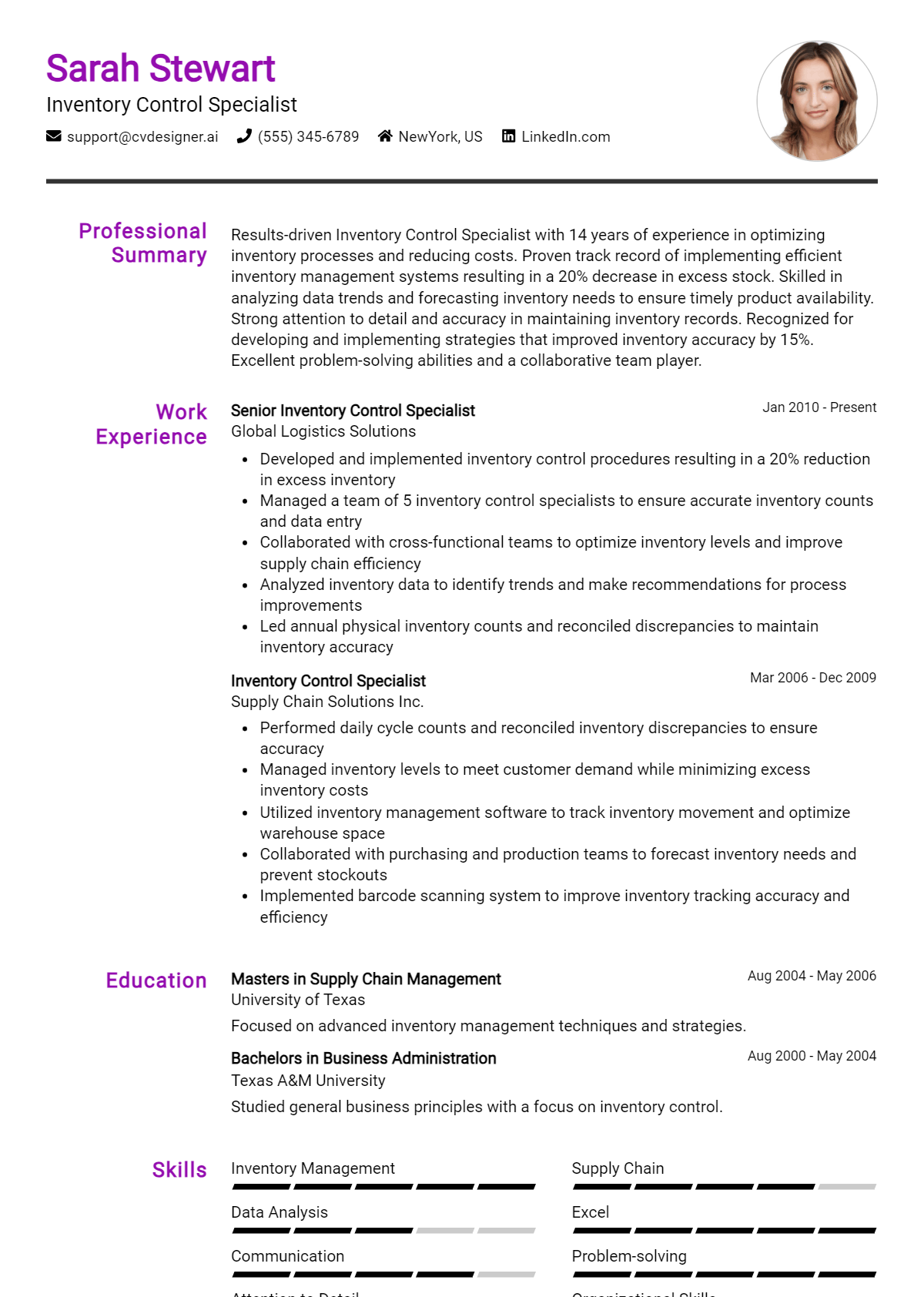 Inventory Control Specialist Resume Example