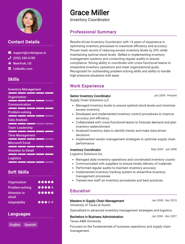 Inventory Coordinator CV Example For 2025: Top Tips & Samples