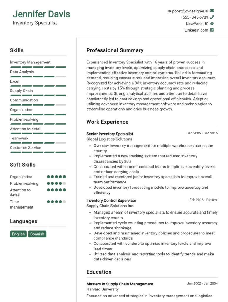 Inventory Specialist CV Example