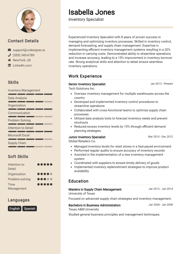 Inventory Specialist Resume Example for 2025: Effective CV Writing Tips