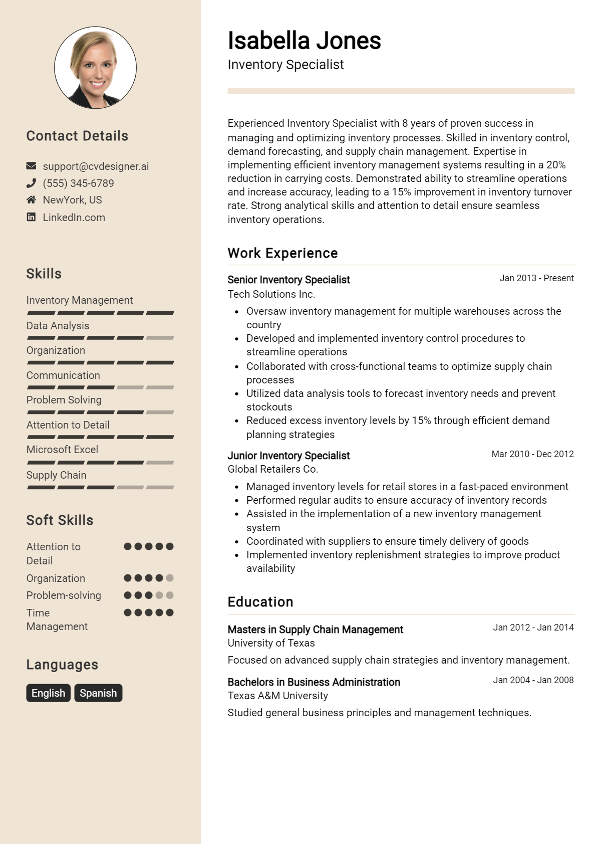 Inventory Specialist Resume Example