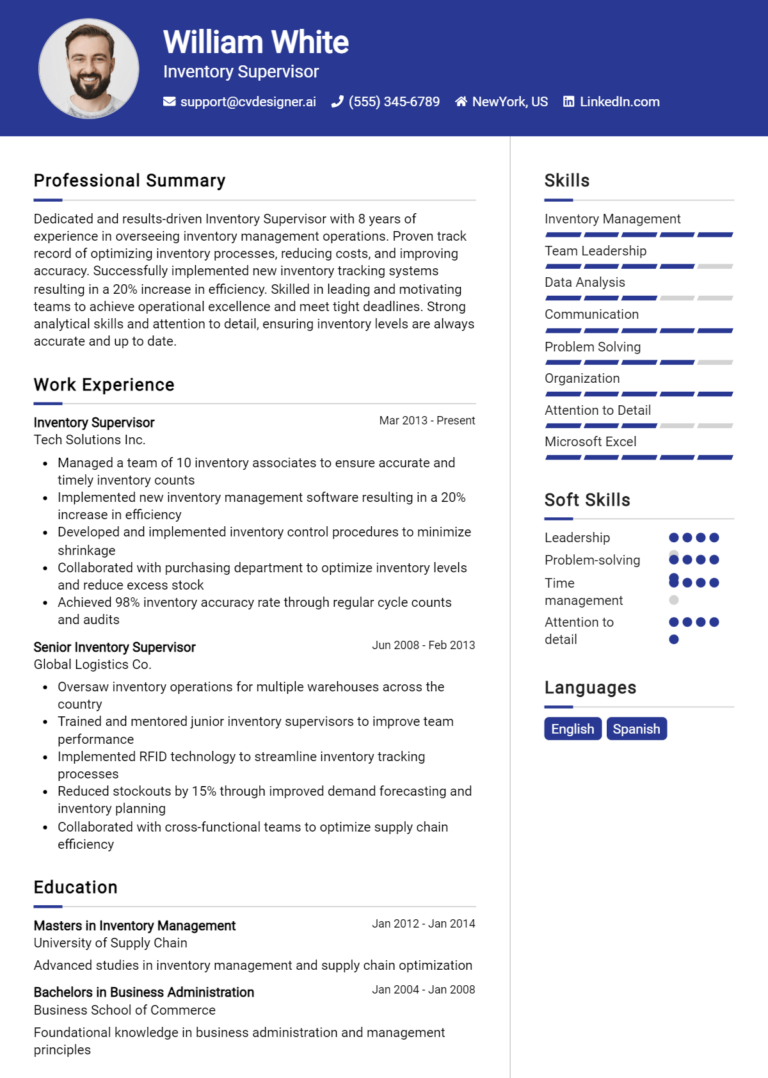 Inventory Supervisor Resume Example for 2025: How to Craft a Winning CV