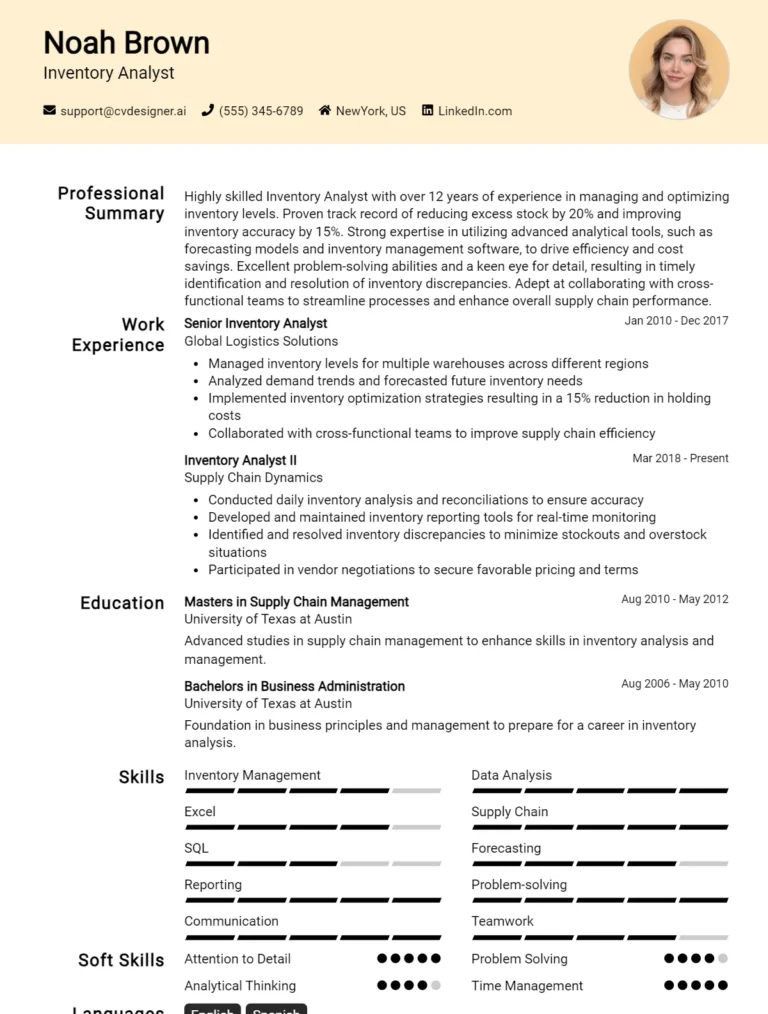 12 Inventory Analyst CV Examples And Templates For 2025
