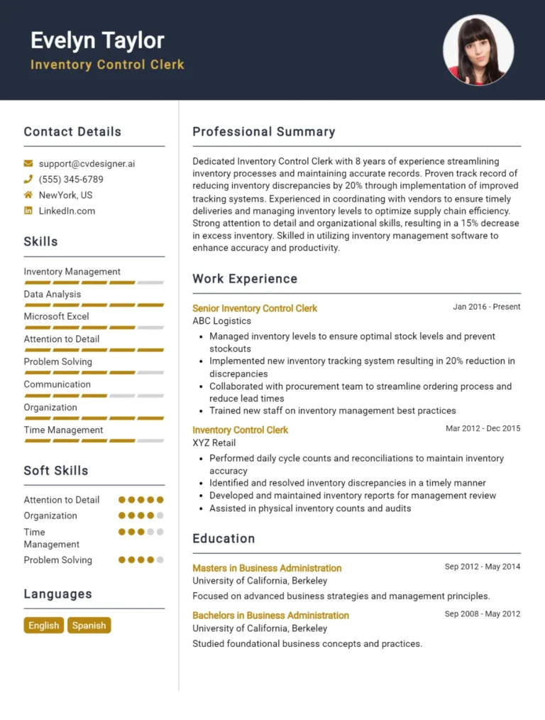 Inventory Control Clerk CV Example For 2025: Expert Tips & Templates