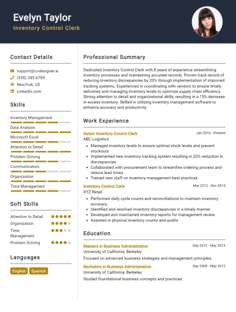 Inventory Control Clerk CV Example