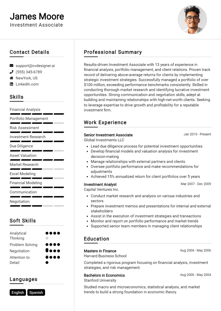 Investment Associate Resume Example for 2025: Professional CV Templates