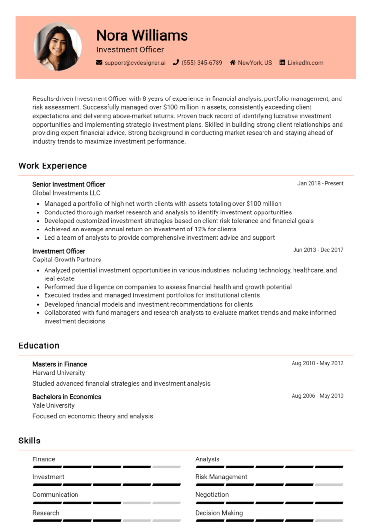 Investment Officer Resume Example for 2025: Tips to Stand Out