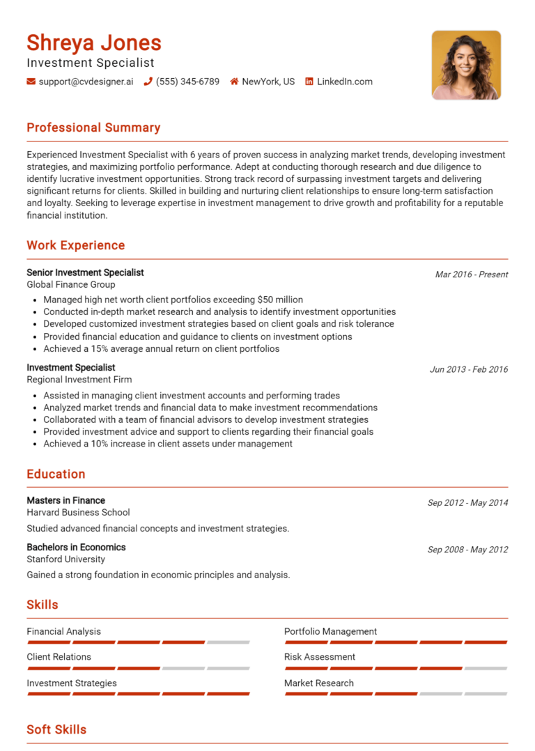 Investment Specialist Resume Example for 2025: How to Create a Professional CV