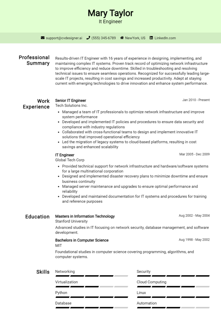 It Engineer Resume Example
