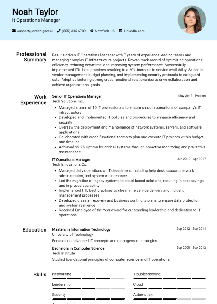 It Operations Manager Resume Example