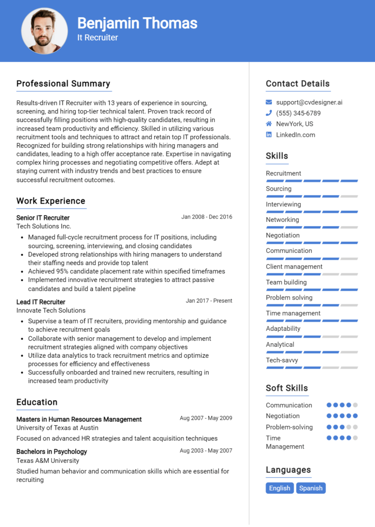 IT Recruiter Resume Example for 2025: Free Examples
