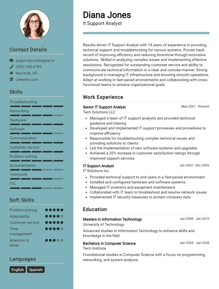 12 IT Support Analyst CV Examples For 2025: Free Professional Templates