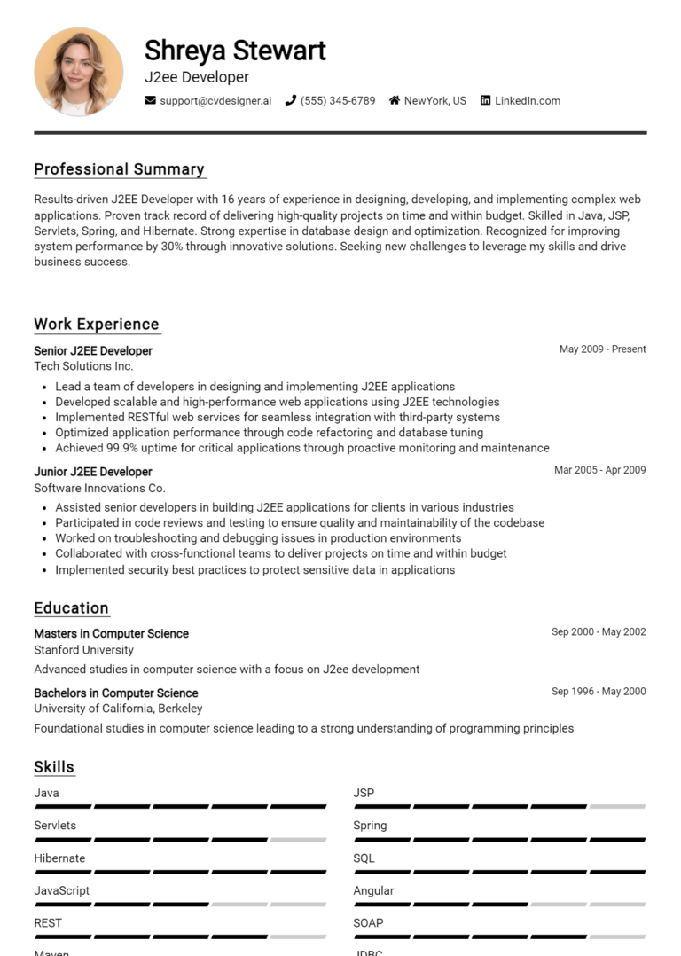 J2Ee Developer Resume Example for 2025: Writing Guide