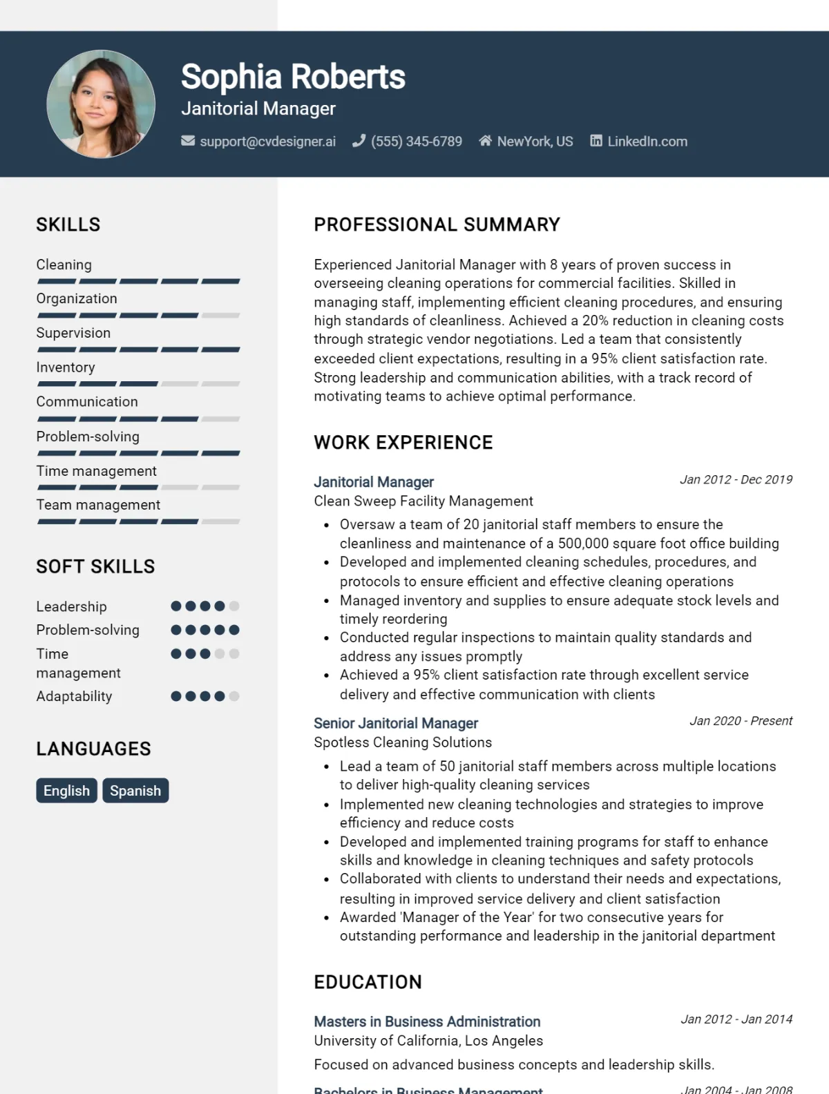 Janitorial Manager CV Example For 2024: Free Downloadable Templates ...