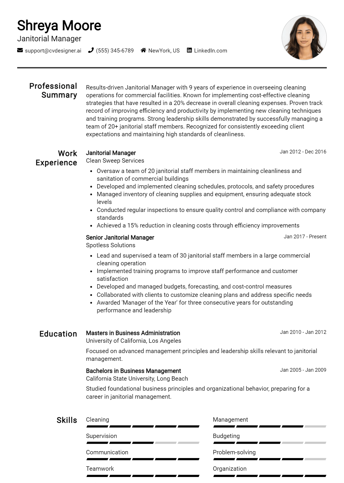 Janitorial Manager Resume Example