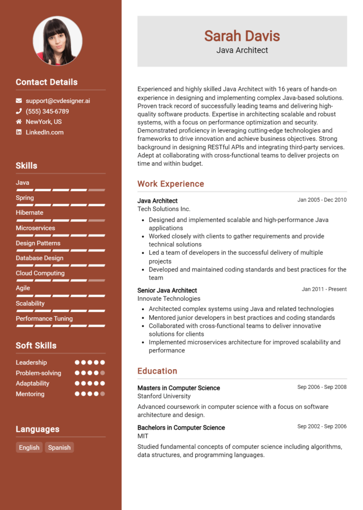 Java Architect Resume Example for 2024: Best Writing Guide - CVDesigner.ai