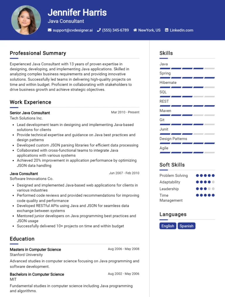 12 Java Consultant CV Examples And Free Professional Templates For 2025