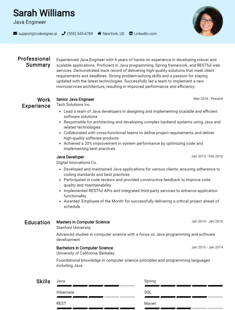 Java Engineer CV Example