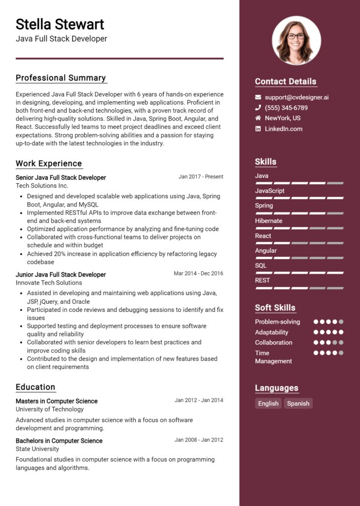 Java Full Stack Developer Resume Example