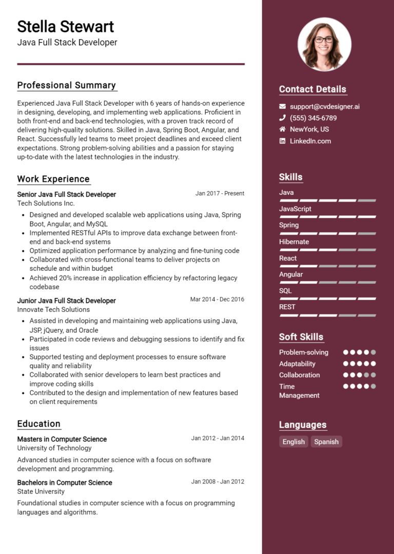 10 Java Full Stack Developer CV Examples And Templates for 2025