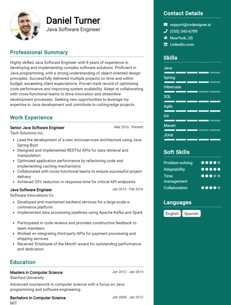10 Java Software Engineer CV Examples And Templates For 2025