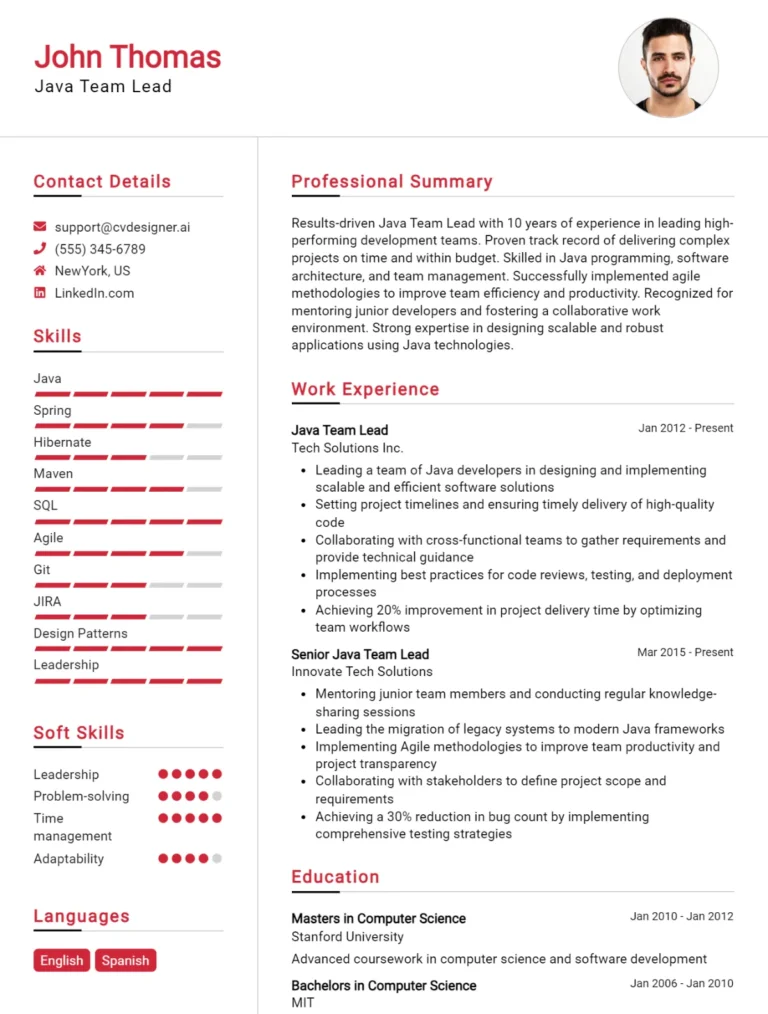Java Team Lead CV Example For 2025: Effective CV Writing Tips