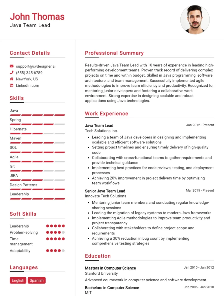 Java Team Lead CV Example