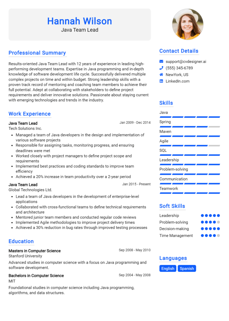 Java Team Lead Resume Example for 2025: Free Examples