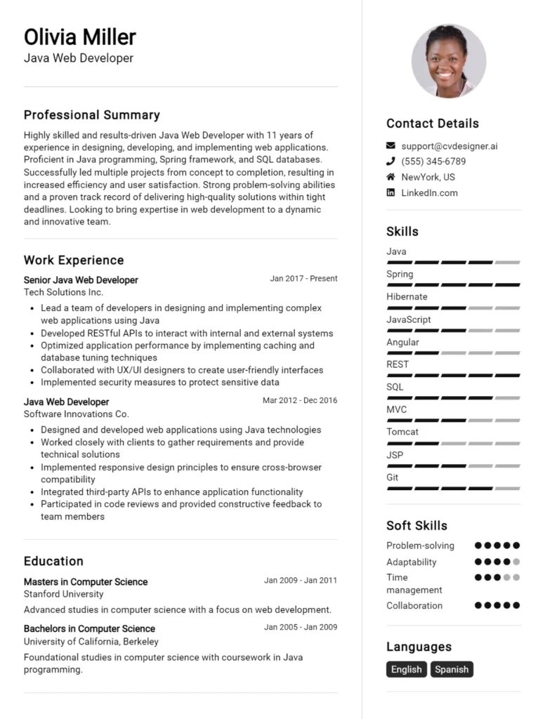 Java Web Developer CV Example