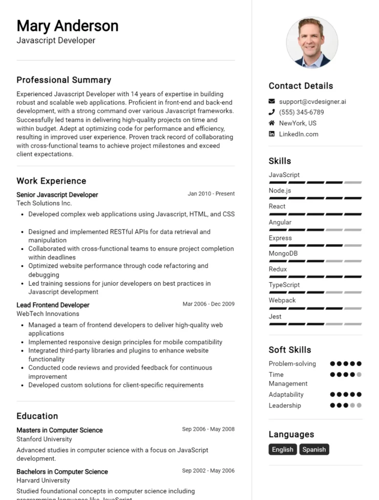 Javascript Developer CV Example