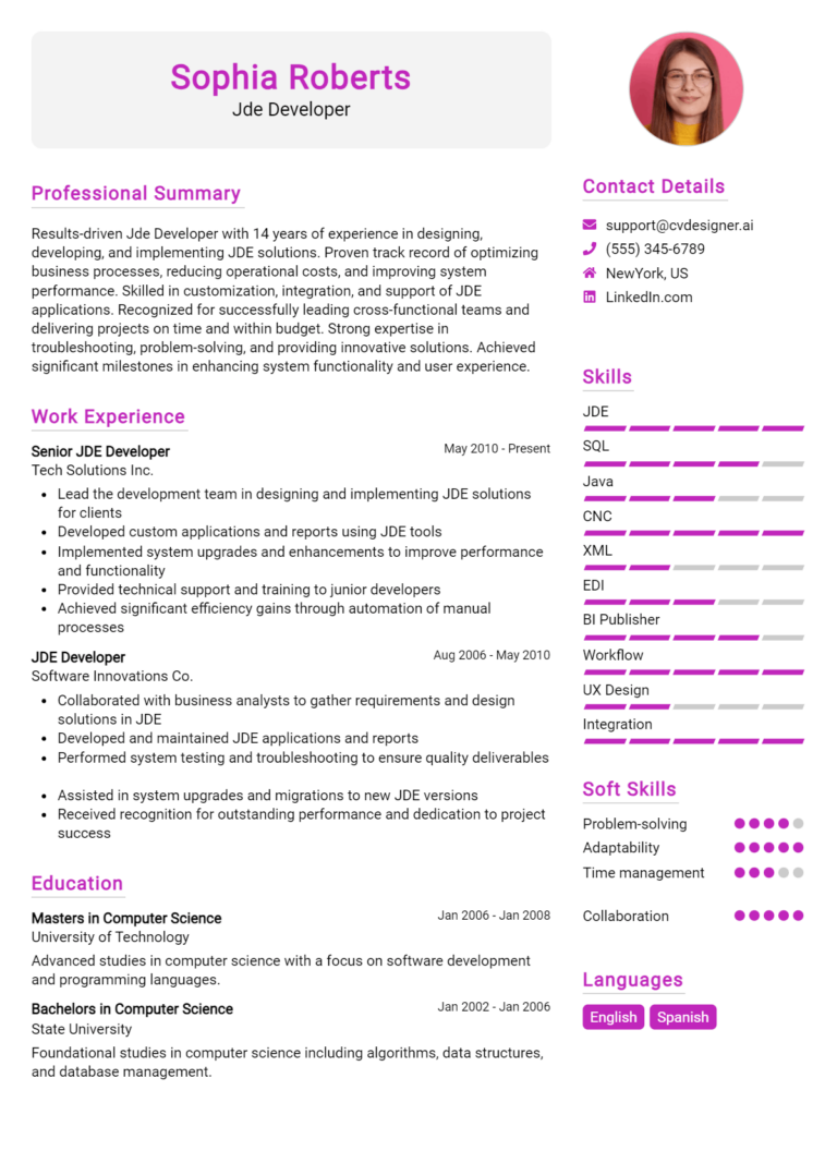 Jde Developer Resume Example for 2025: Best Writing Guide