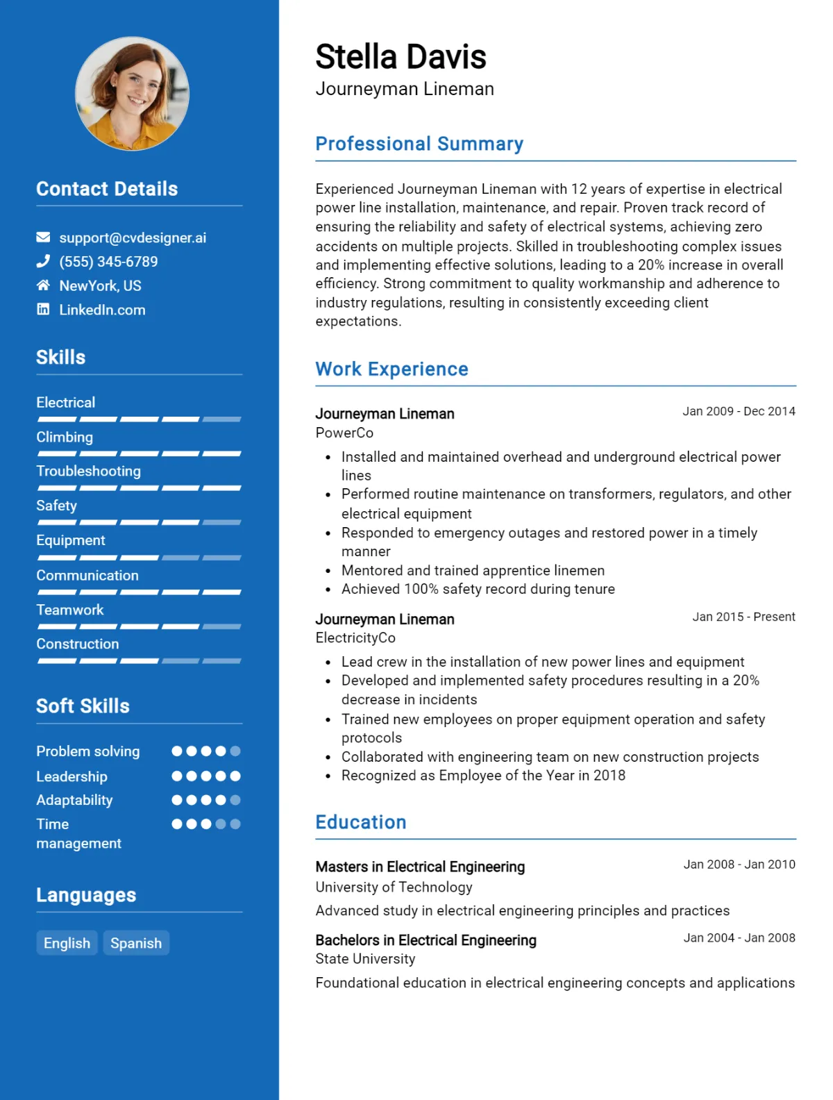 Journeyman Lineman CV Example