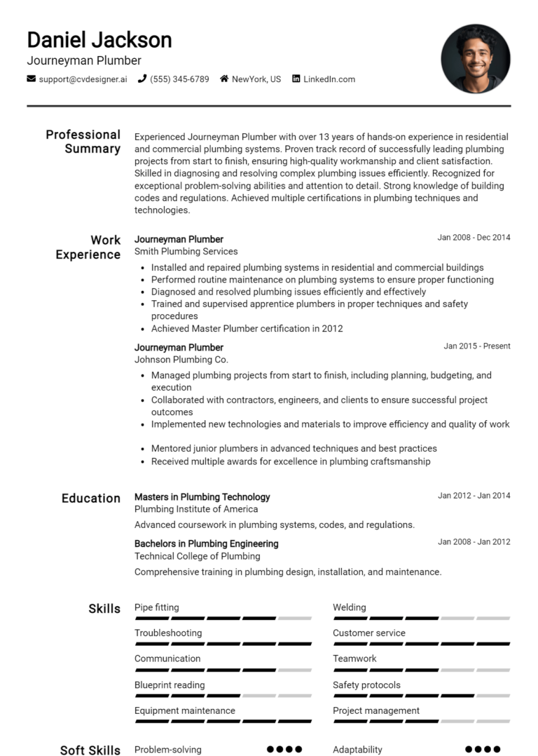 Journeyman Plumber Resume Example for 2025: Best Tips & Templates