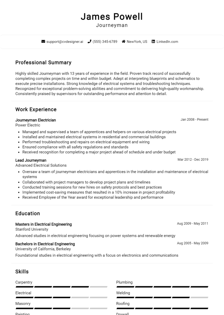 Journeyman Resume Example for 2025: Professional CV Templates