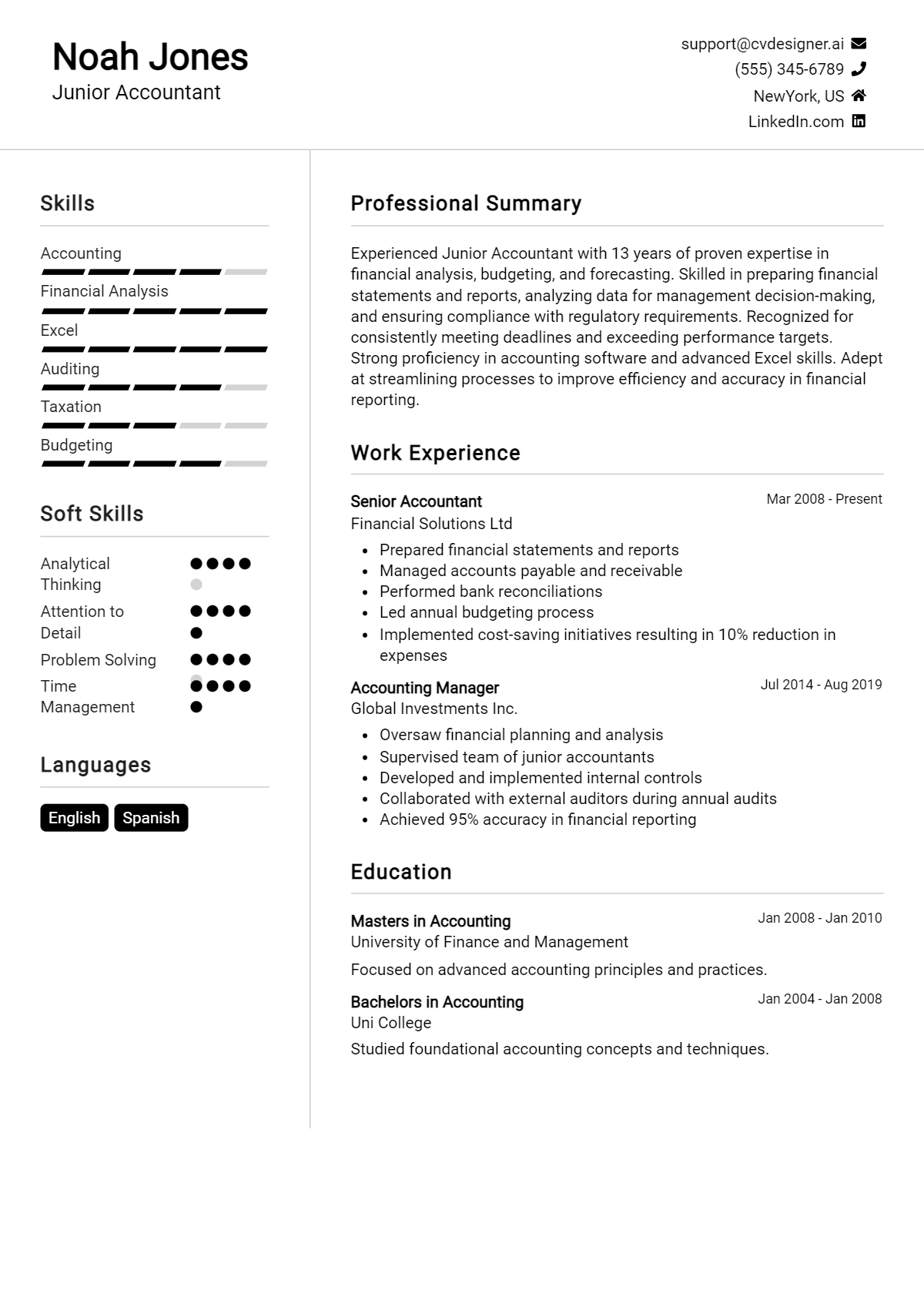 Junior Accountant Resume Example
