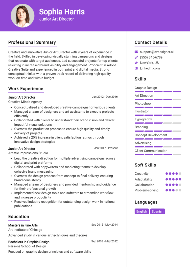 Junior Art Director Resume Example for 2025: Free Guide