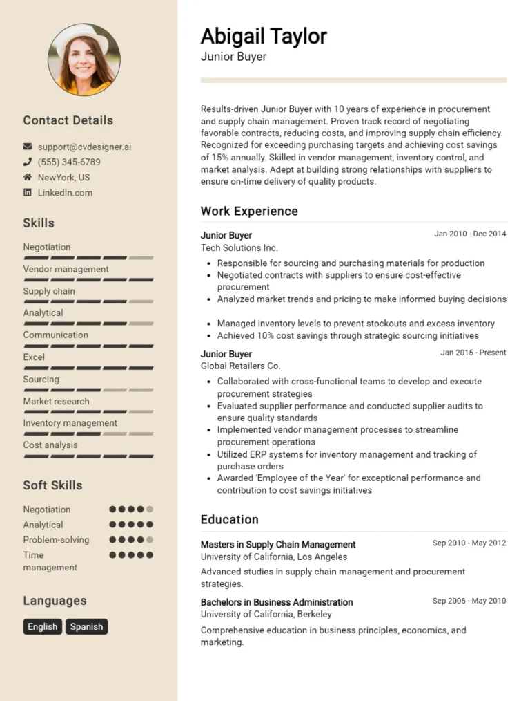 Junior Buyer CV Example For 2025: Samples & Best Practices