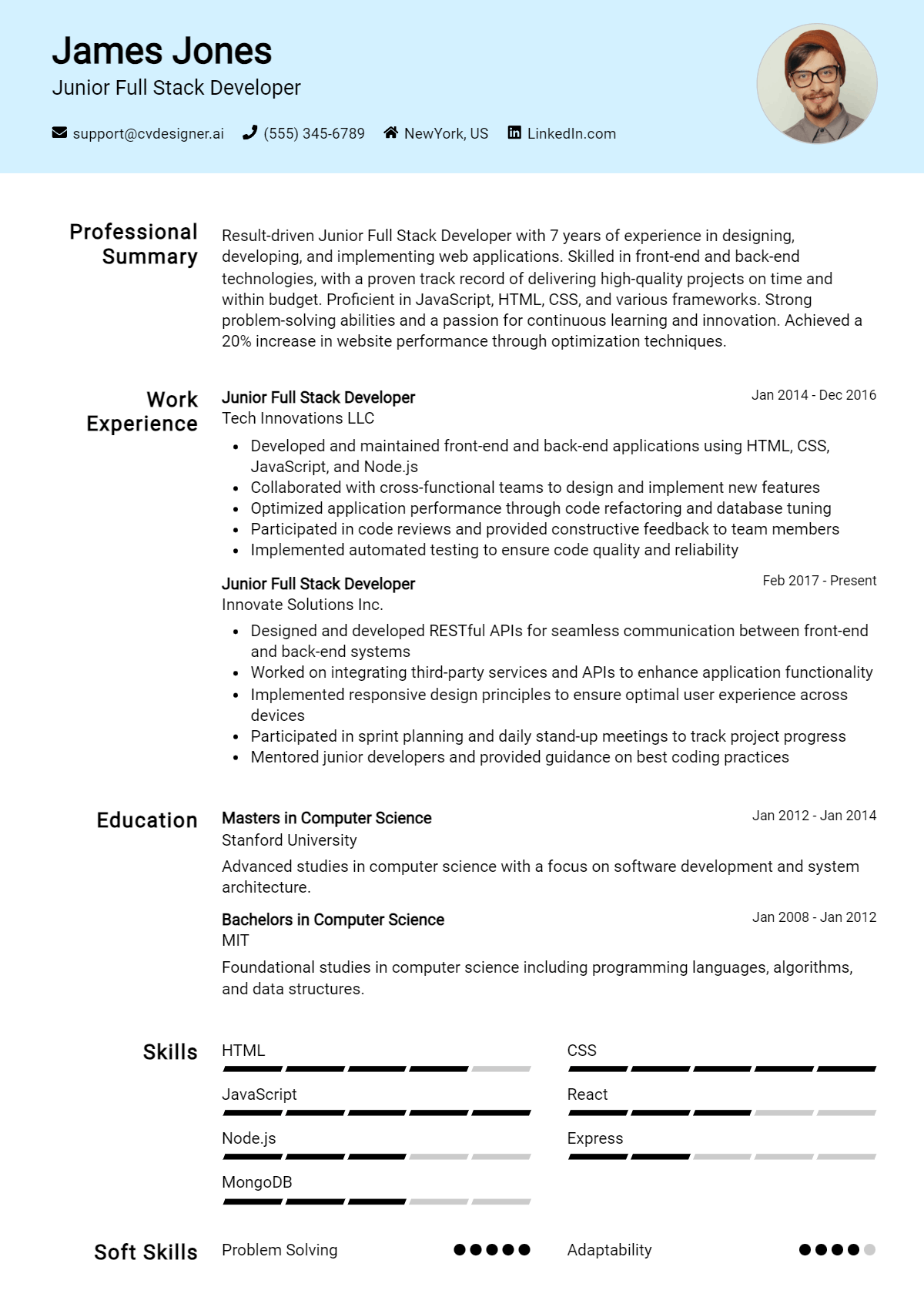 Junior Full Stack Developer Resume Example