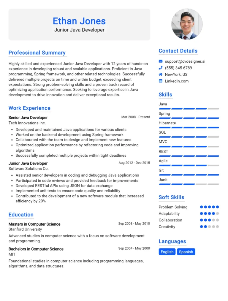 Junior Java Developer CV Example For 2025: How to Create a Professional CV