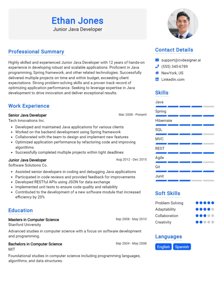 Junior Java Developer CV Example