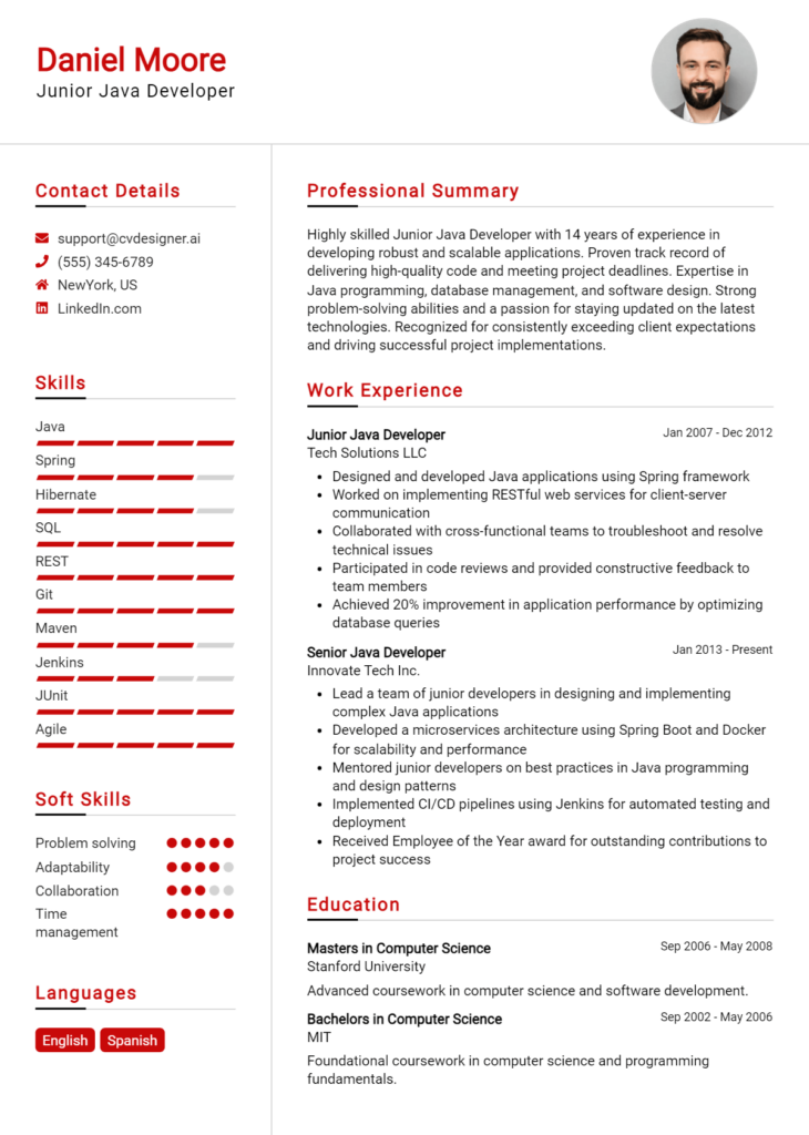 Junior Java Developer Resume Example